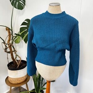 Pink Rose Ribbed Knit Sweater Womens Medium Teal Blue Mock Neck Cinched Waist
